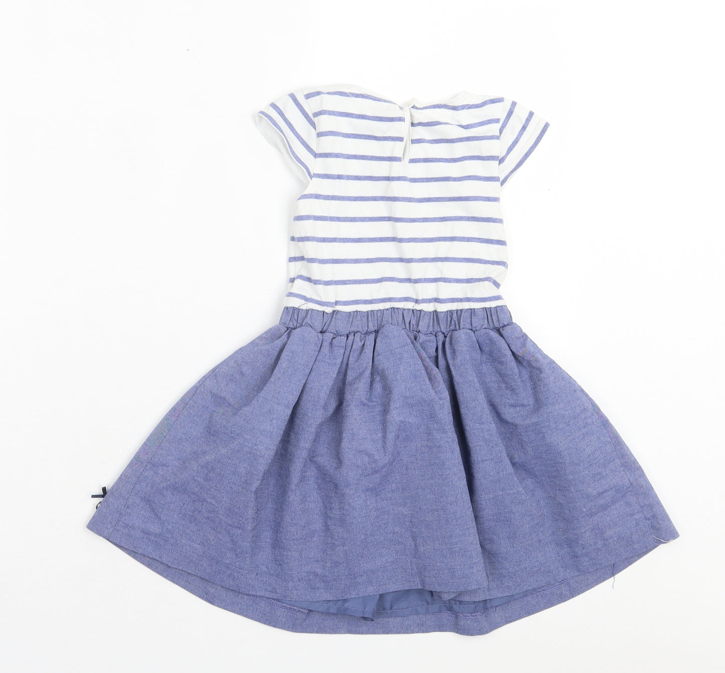 Debenhams Girls Blue Striped Cotton Fit & Flare Size 2-3 Years Crew Neck Button - Swan Print