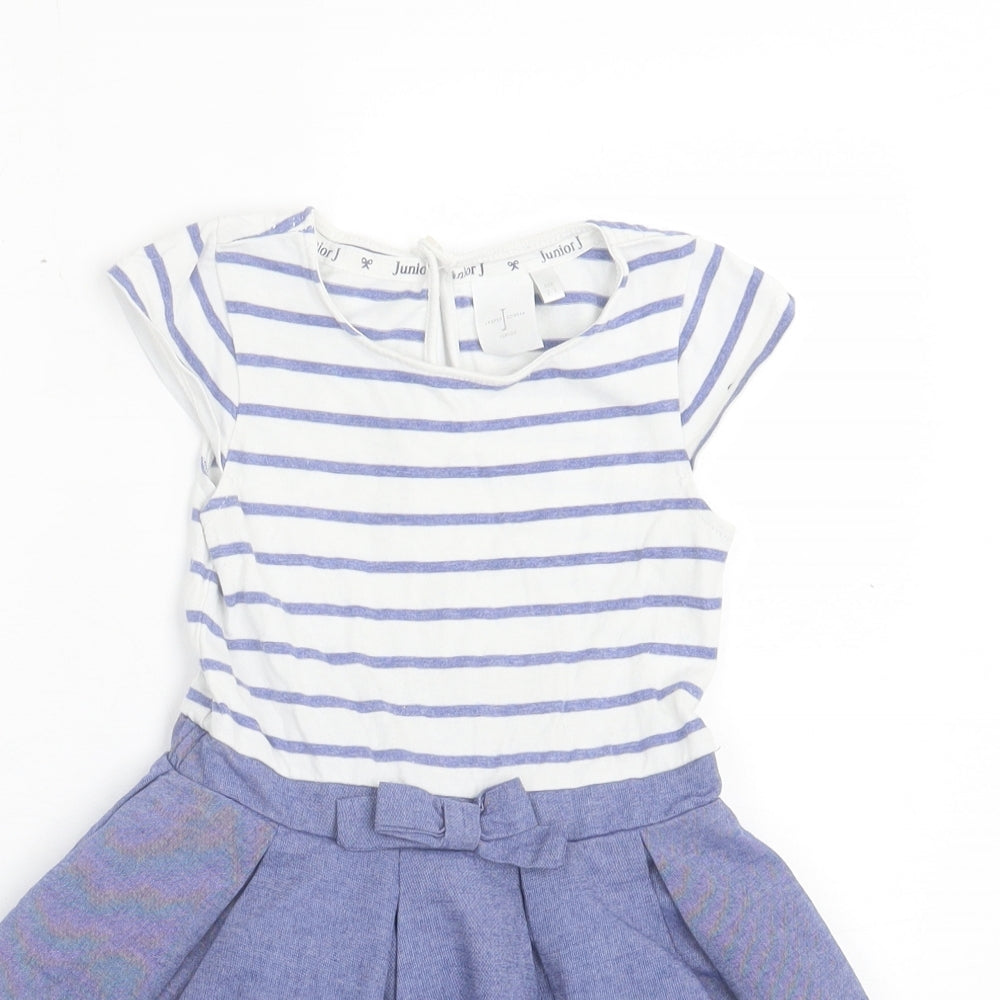 Debenhams Girls Blue Striped Cotton Fit & Flare Size 2-3 Years Crew Neck Button - Swan Print