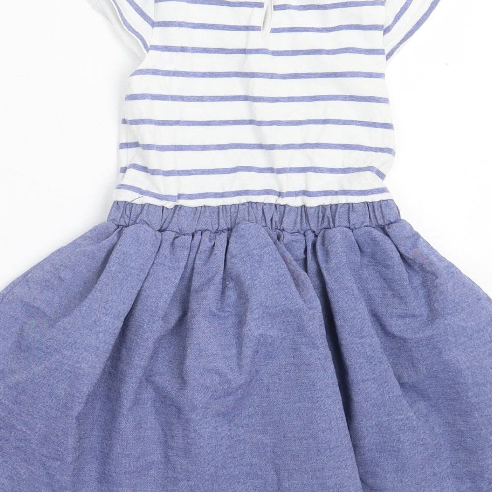 Debenhams Girls Blue Striped Cotton Fit & Flare Size 2-3 Years Crew Neck Button - Swan Print