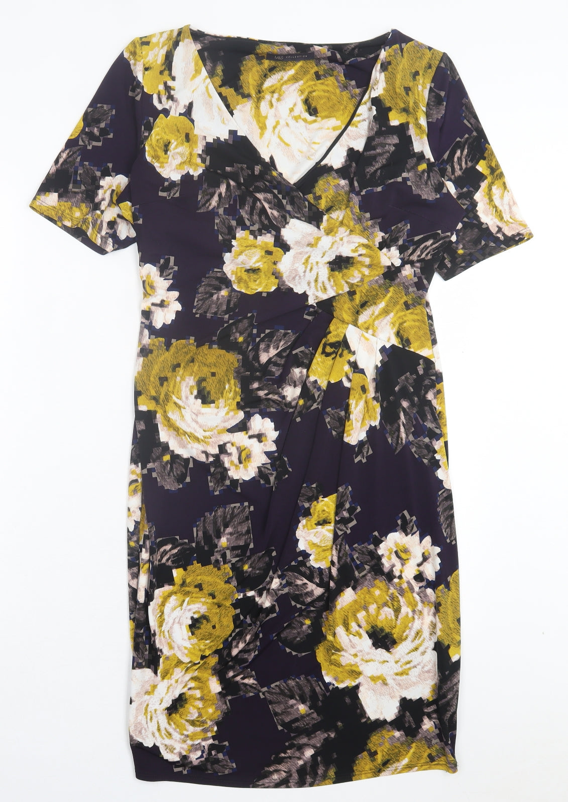 Marks and Spencer Womens Purple Floral Polyester Shift Size 14 V-Neck Pullover