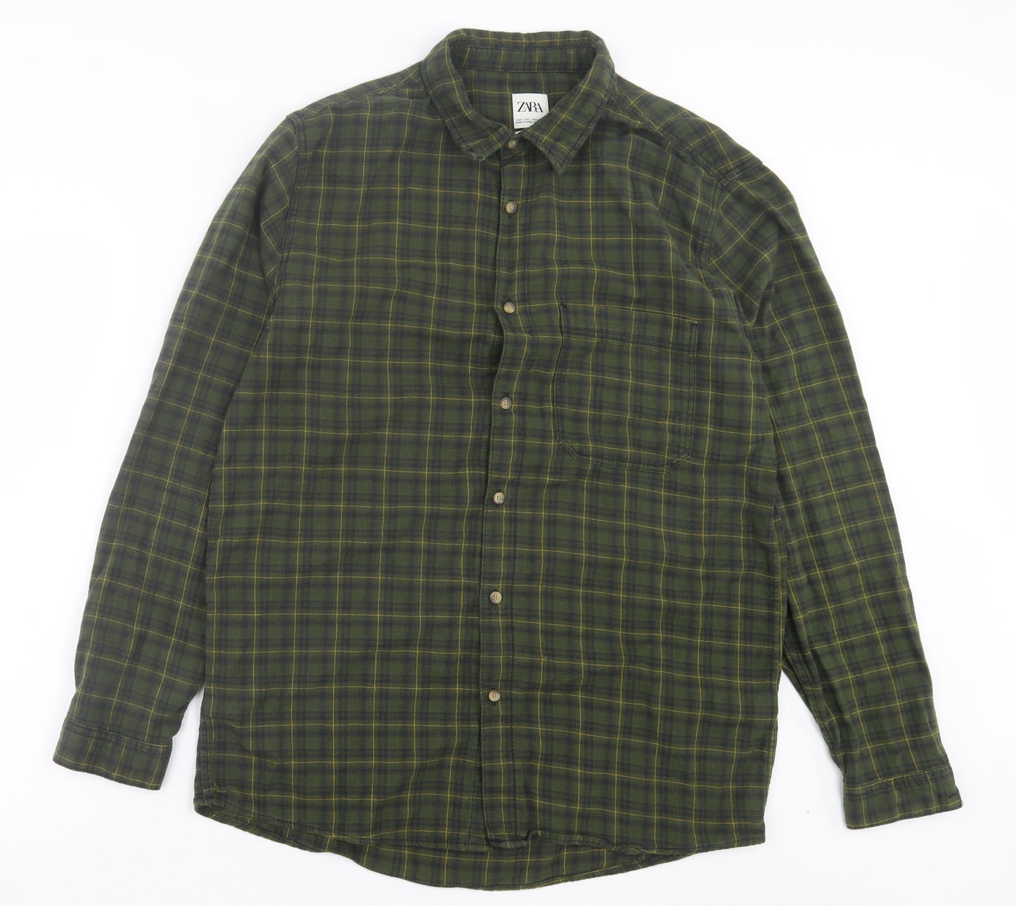 Zara Mens Green Plaid Cotton Button-Up Size L Collared Button - Pocket Detail