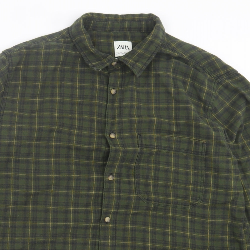 Zara Mens Green Plaid Cotton Button-Up Size L Collared Button - Pocket Detail