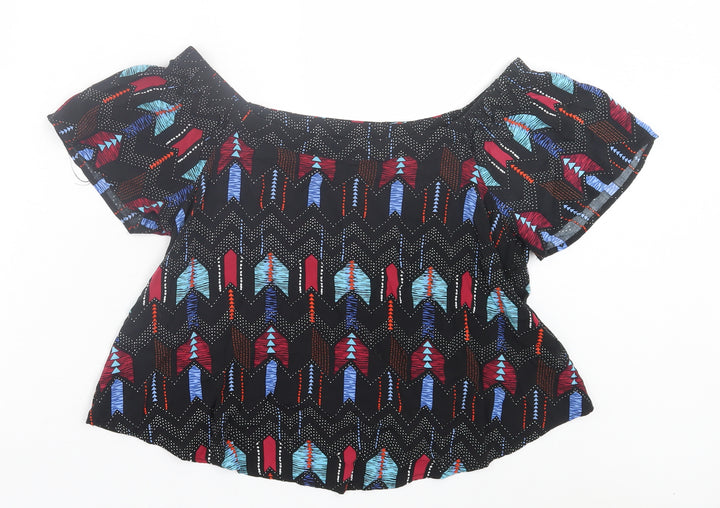 New Look Womens Black Geometric Viscose Basic T-Shirt Size 10 Off the Shoulder