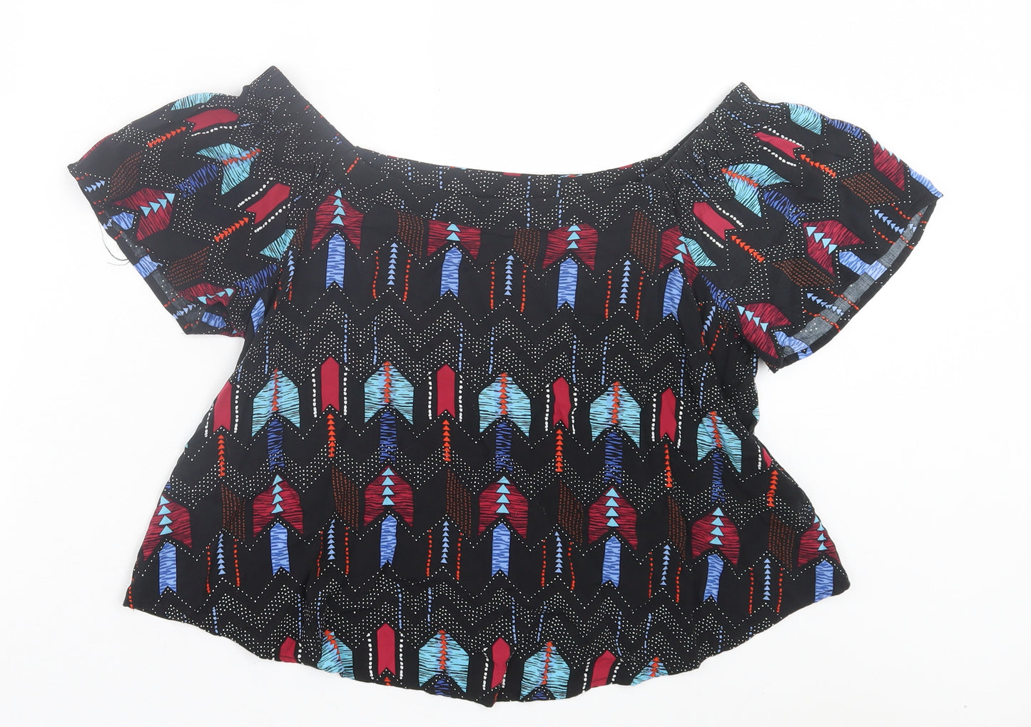 New Look Womens Black Geometric Viscose Basic T-Shirt Size 10 Off the Shoulder