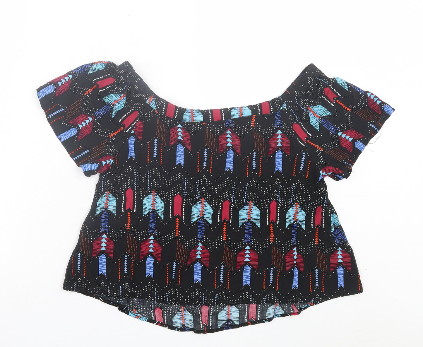 New Look Womens Black Geometric Viscose Basic T-Shirt Size 10 Off the Shoulder