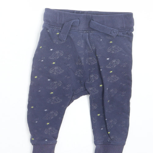 NEXT Boys Blue Geometric Cotton Jogger Trousers Size 9-12 Months Drawstring - Stars & Cars