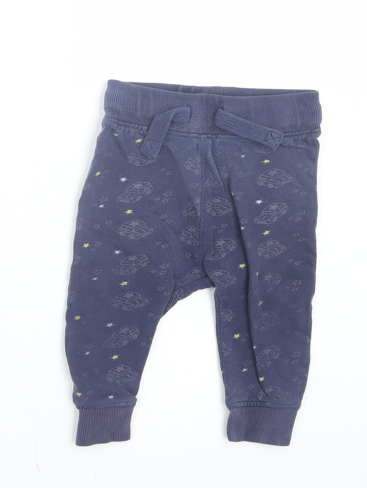 NEXT Boys Blue Geometric Cotton Jogger Trousers Size 9-12 Months Drawstring - Stars & Cars