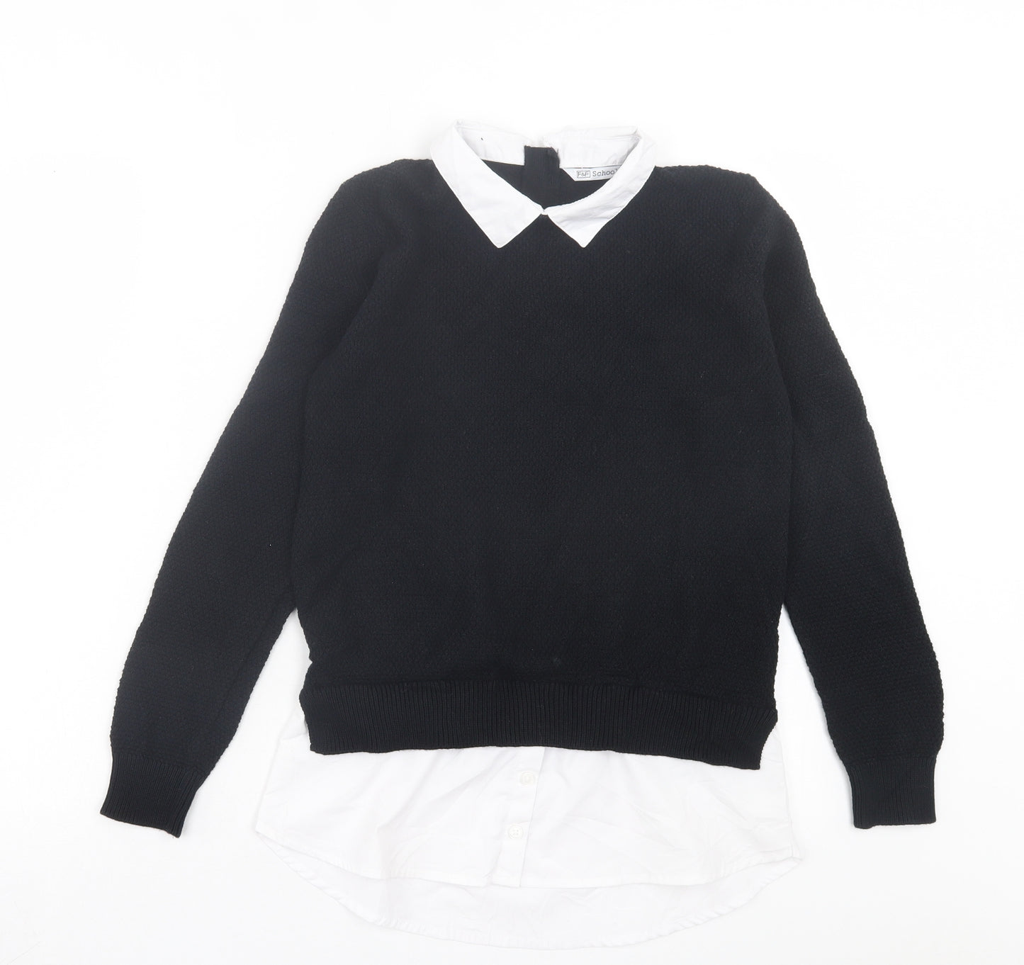 F&F Girls Black Cotton Pullover Polo Size 12-13 Years Collared Button