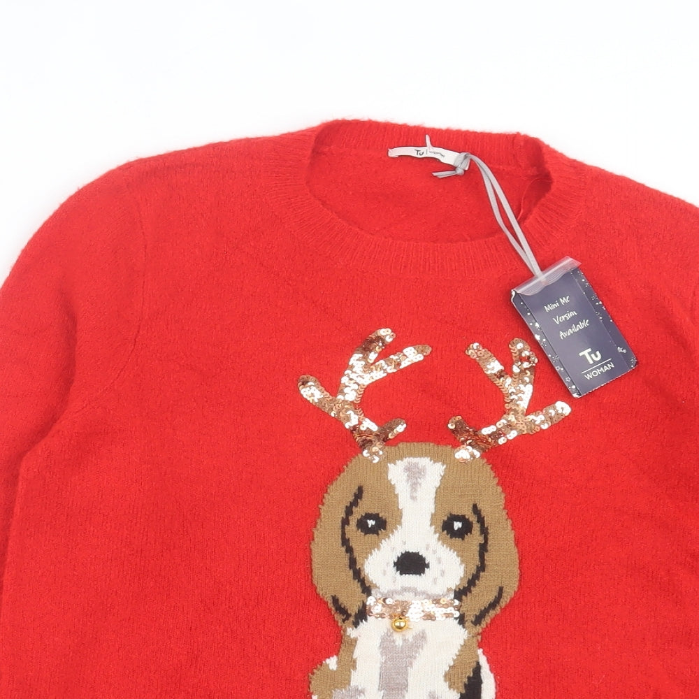TU Womens Red Crew Neck Acrylic Pullover Jumper Size 14 - Christmas