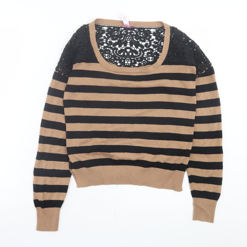 Dolled Up Womens Brown Scoop Neck Striped Cotton Pullover Jumper Size L