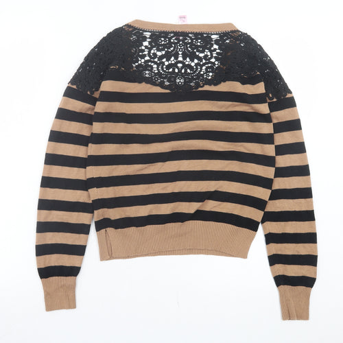 Dolled Up Womens Brown Scoop Neck Striped Cotton Pullover Jumper Size L