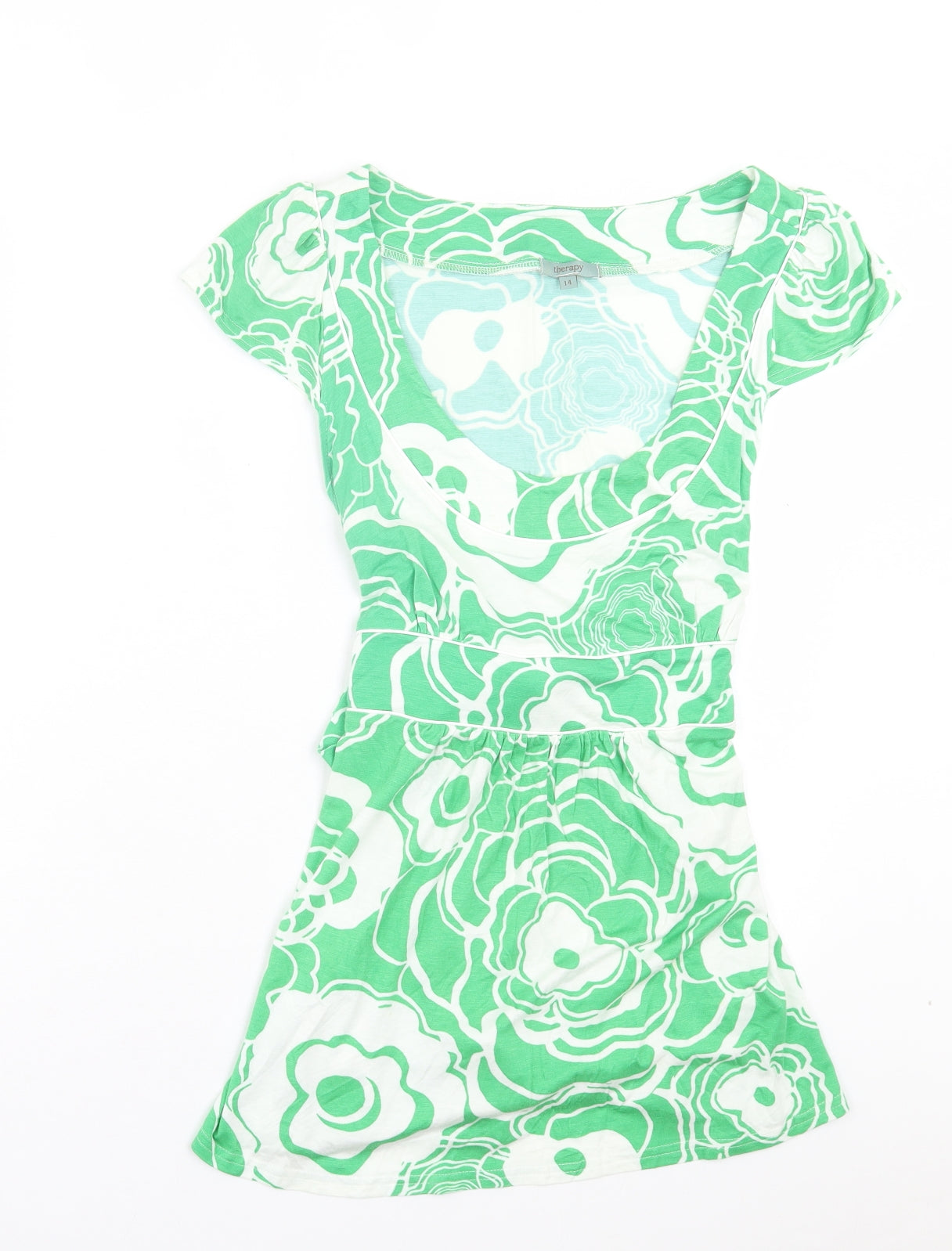 Therapy Womens Green Geometric Viscose Basic T-Shirt Size 14 Scoop Neck