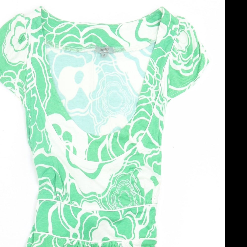 Therapy Womens Green Geometric Viscose Basic T-Shirt Size 14 Scoop Neck