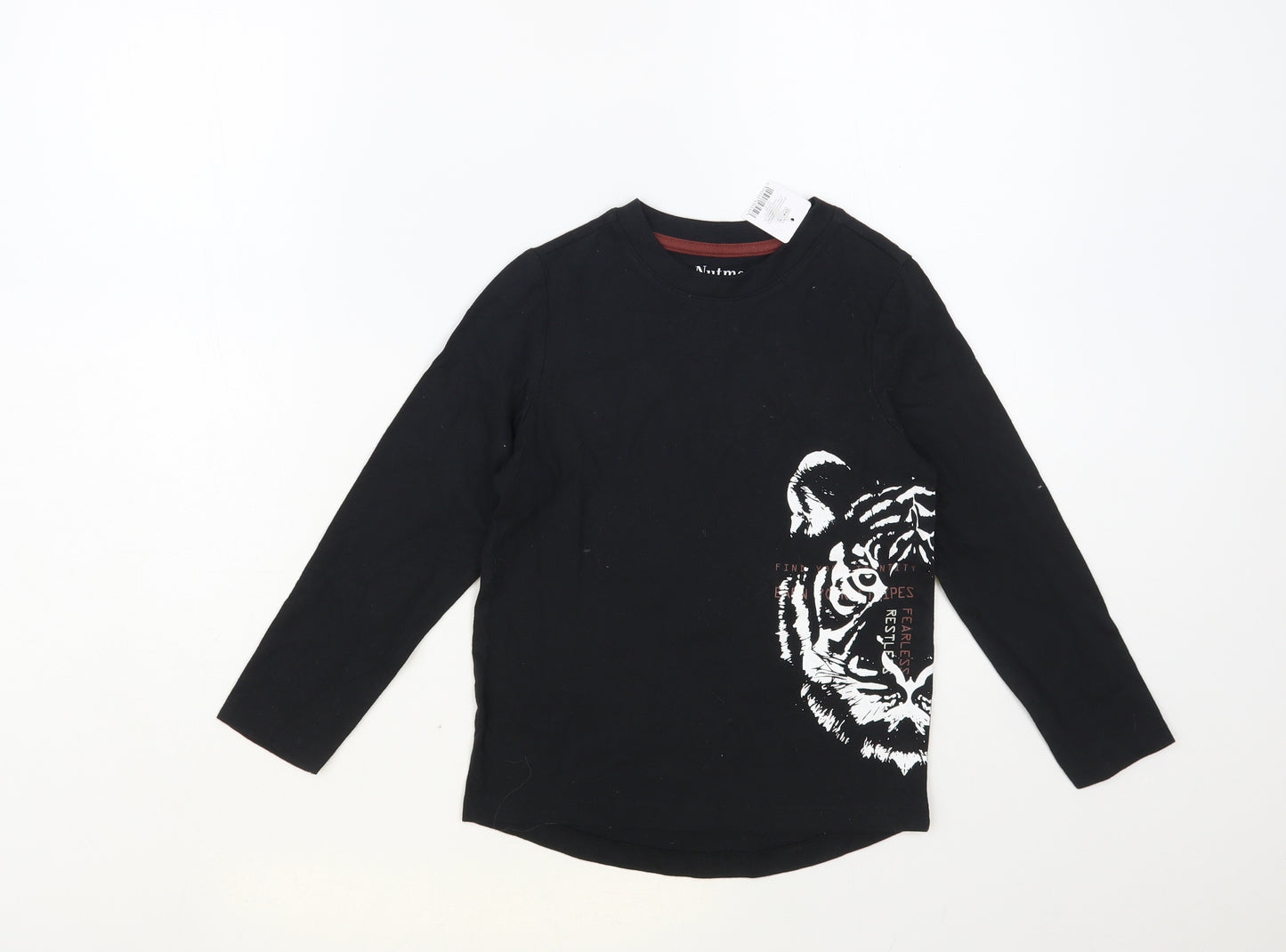 Nutmeg Boys Black Cotton Pullover T-Shirt Size 6-7 Years Crew Neck Pullover - Tiger