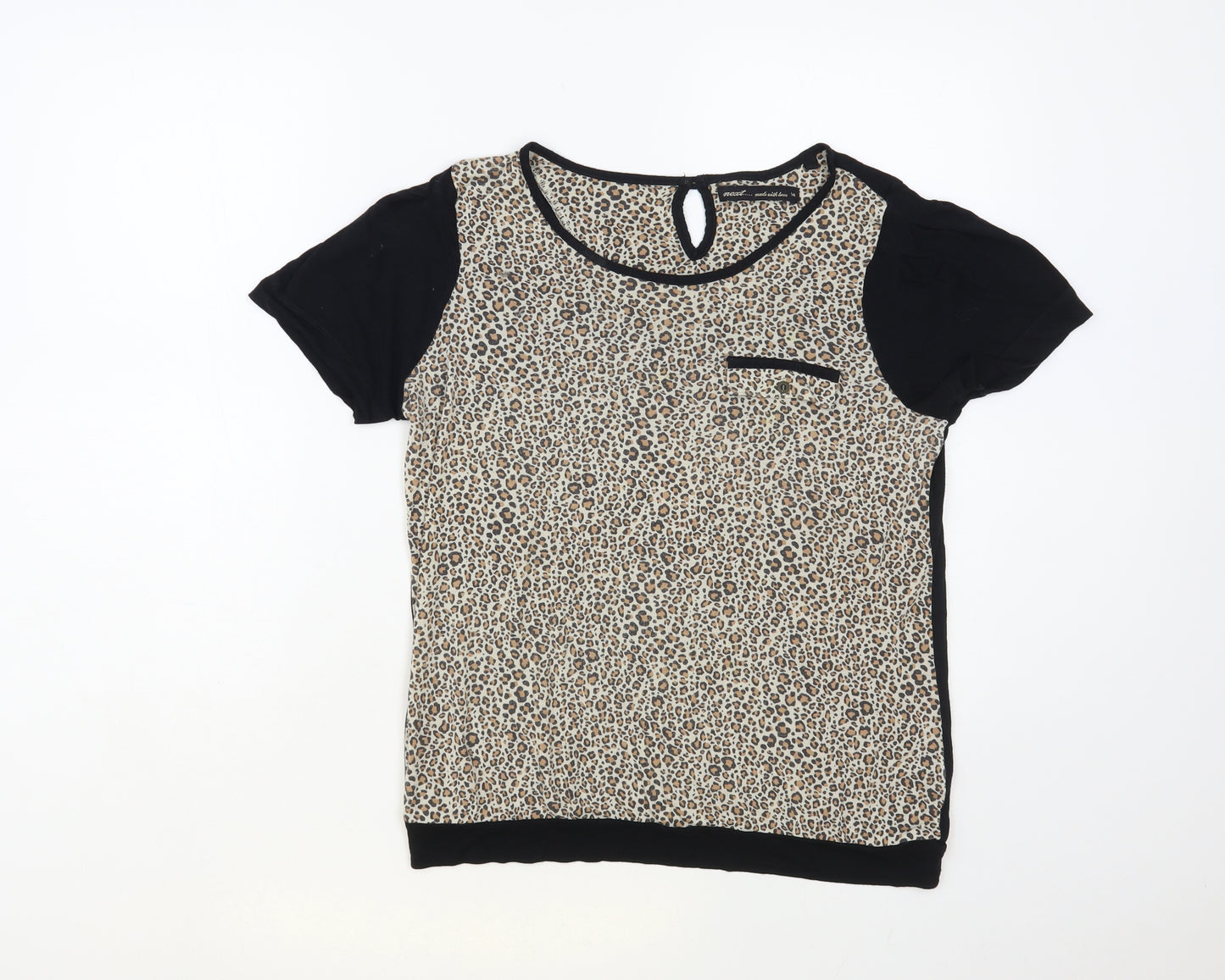 NEXT Womens Black Animal Print Viscose Basic T-Shirt Size 14 Round Neck - Leopard Print