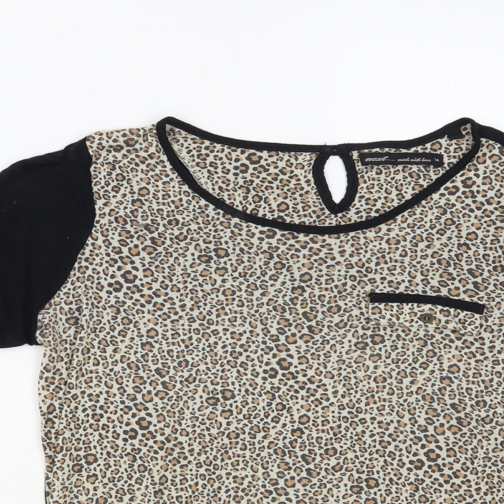 NEXT Womens Black Animal Print Viscose Basic T-Shirt Size 14 Round Neck - Leopard Print