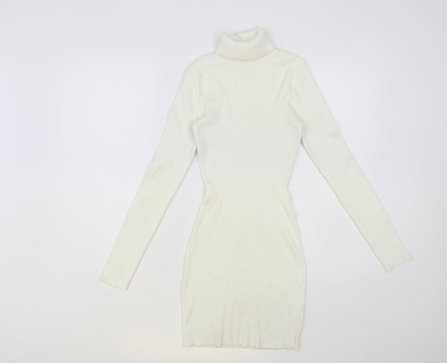 Missguided Womens White Viscose Jumper Dress Size 10 Roll Neck Pullover - Ribbed