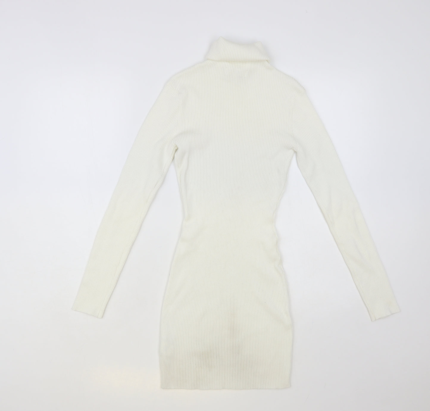 Missguided Womens White Viscose Jumper Dress Size 10 Roll Neck Pullover - Ribbed