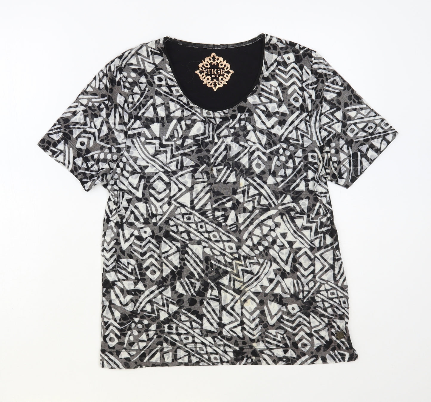 Tigi Womens Grey Geometric Polyester Basic T-Shirt Size 10 Scoop Neck