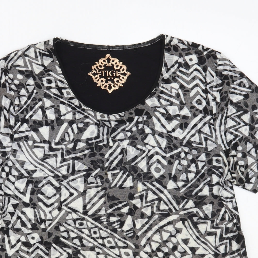 Tigi Womens Grey Geometric Polyester Basic T-Shirt Size 10 Scoop Neck