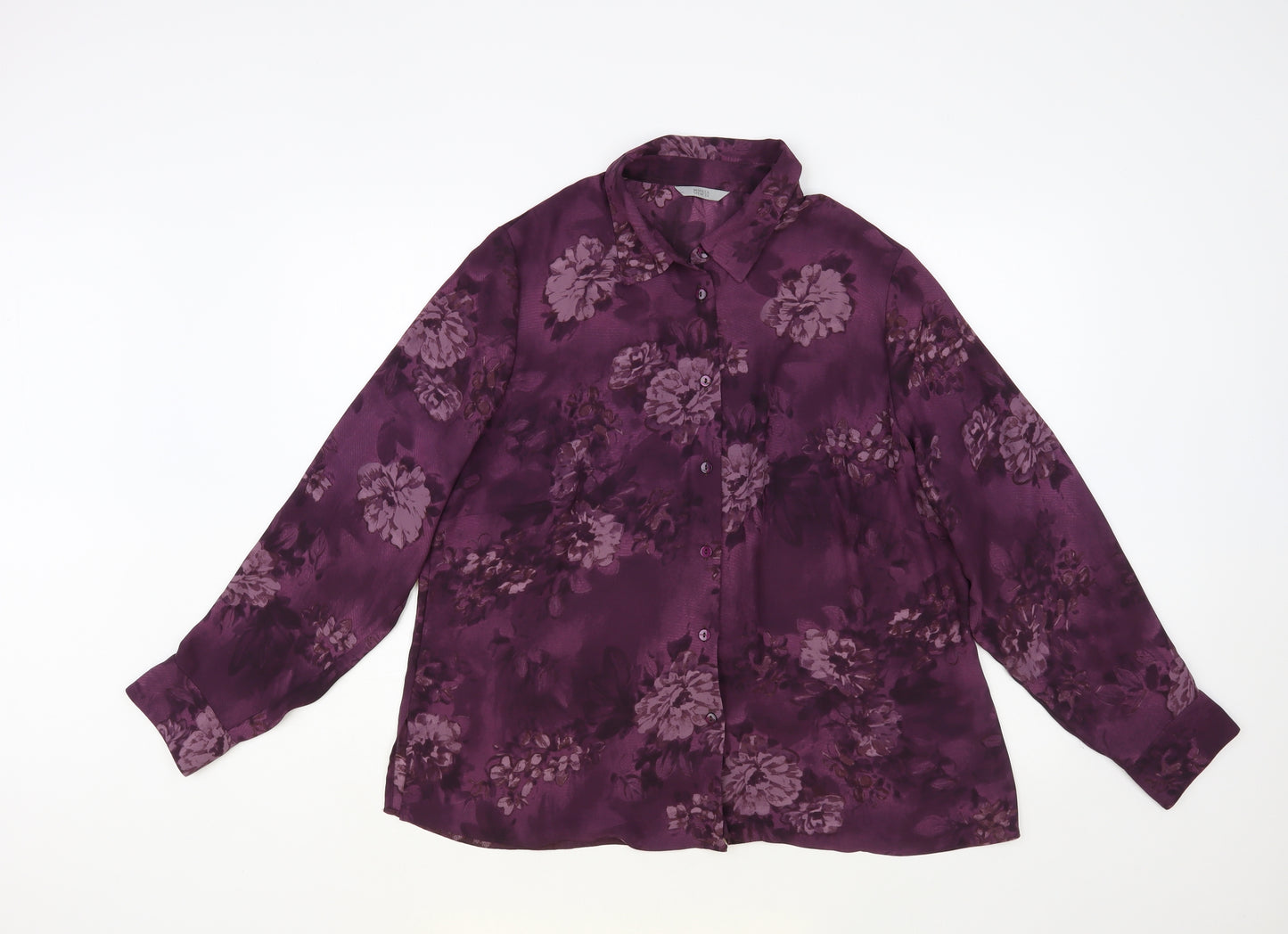 Marks and Spencer Womens Purple Floral Polyester Basic Button-Up Size 18 Collared