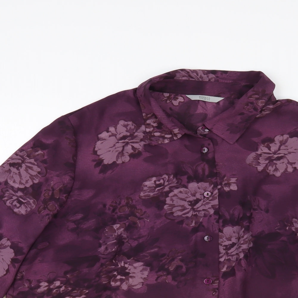 Marks and Spencer Womens Purple Floral Polyester Basic Button-Up Size 18 Collared