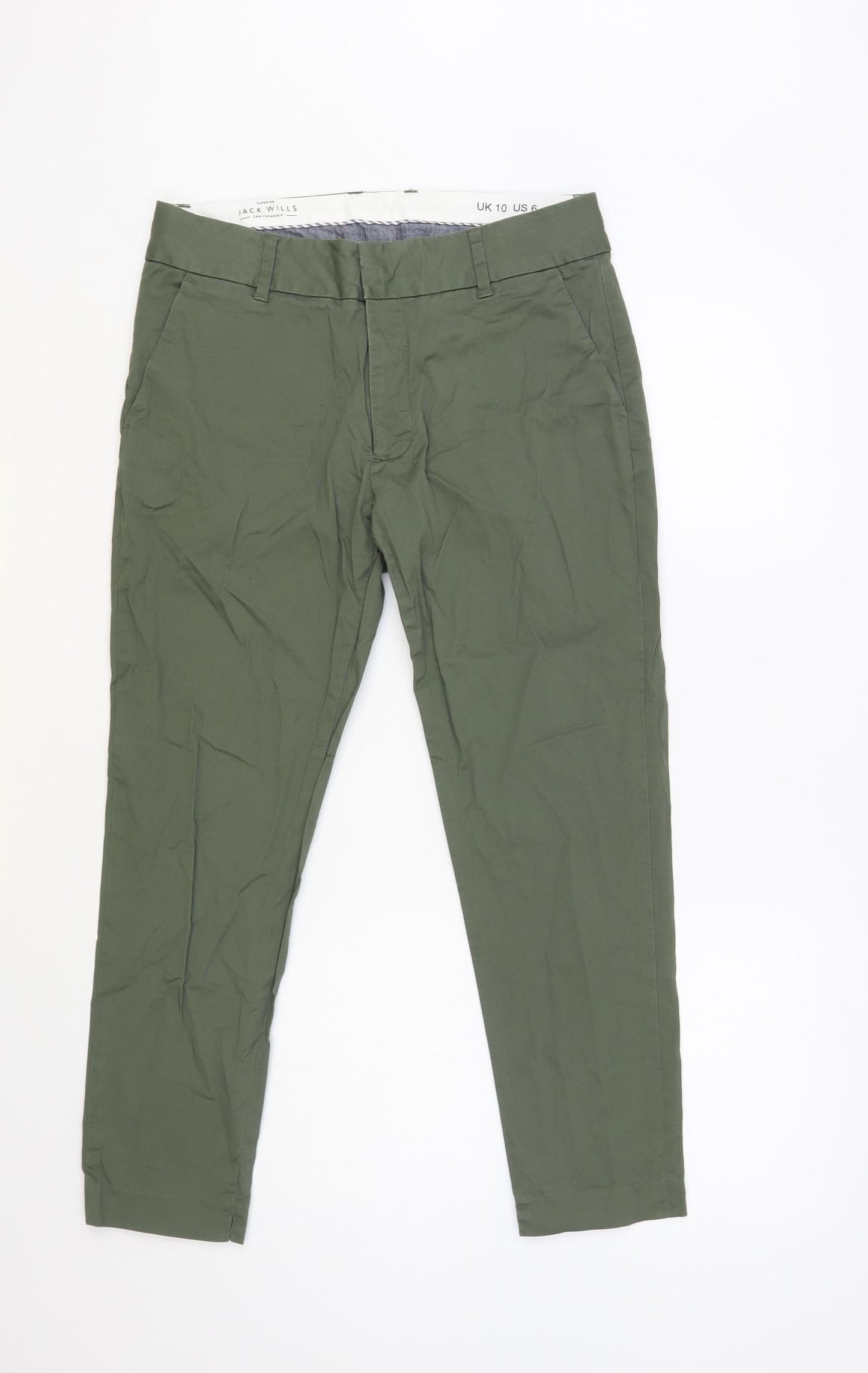 Jack Wills Womens Green Cotton Cropped Trousers Size 10 L25 in Regular Hook & Loop