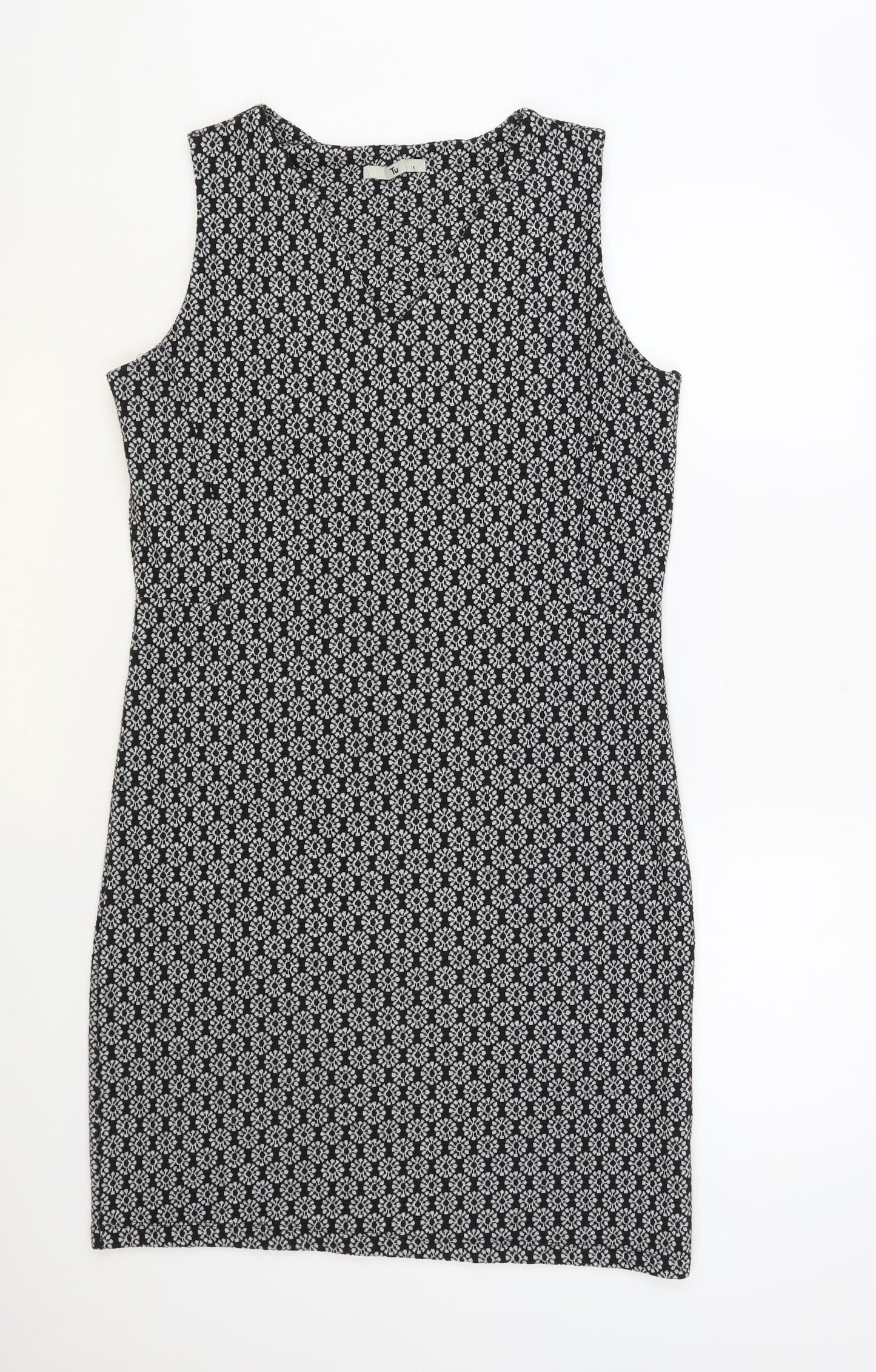 TU Womens Black Geometric Polyester Pencil Dress Size 14 V-Neck Pullover