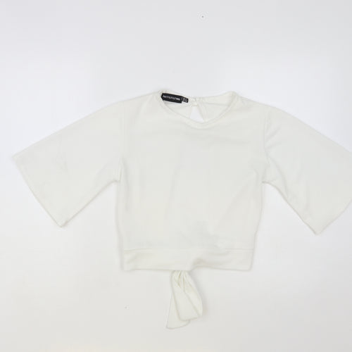 PRETTYLITTLETHING Womens White Polyester Cropped Blouse Size 12 Round Neck - Open Back