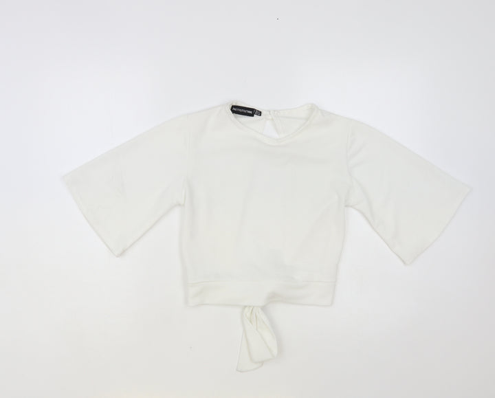 PRETTYLITTLETHING Womens White Polyester Cropped Blouse Size 12 Round Neck - Open Back