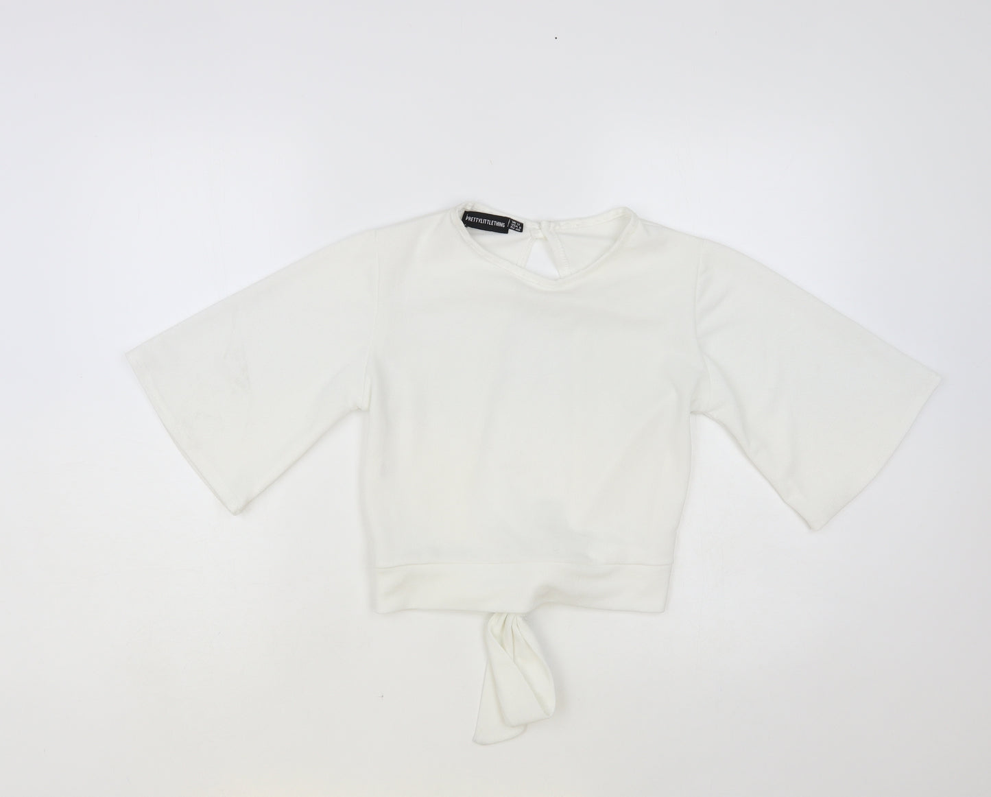 PRETTYLITTLETHING Womens White Polyester Cropped Blouse Size 12 Round Neck - Open Back