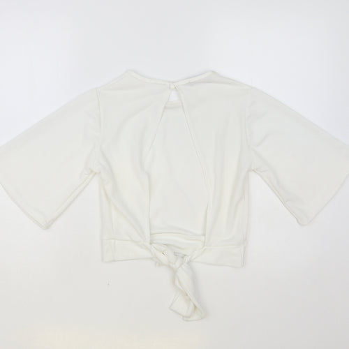 PRETTYLITTLETHING Womens White Polyester Cropped Blouse Size 12 Round Neck - Open Back