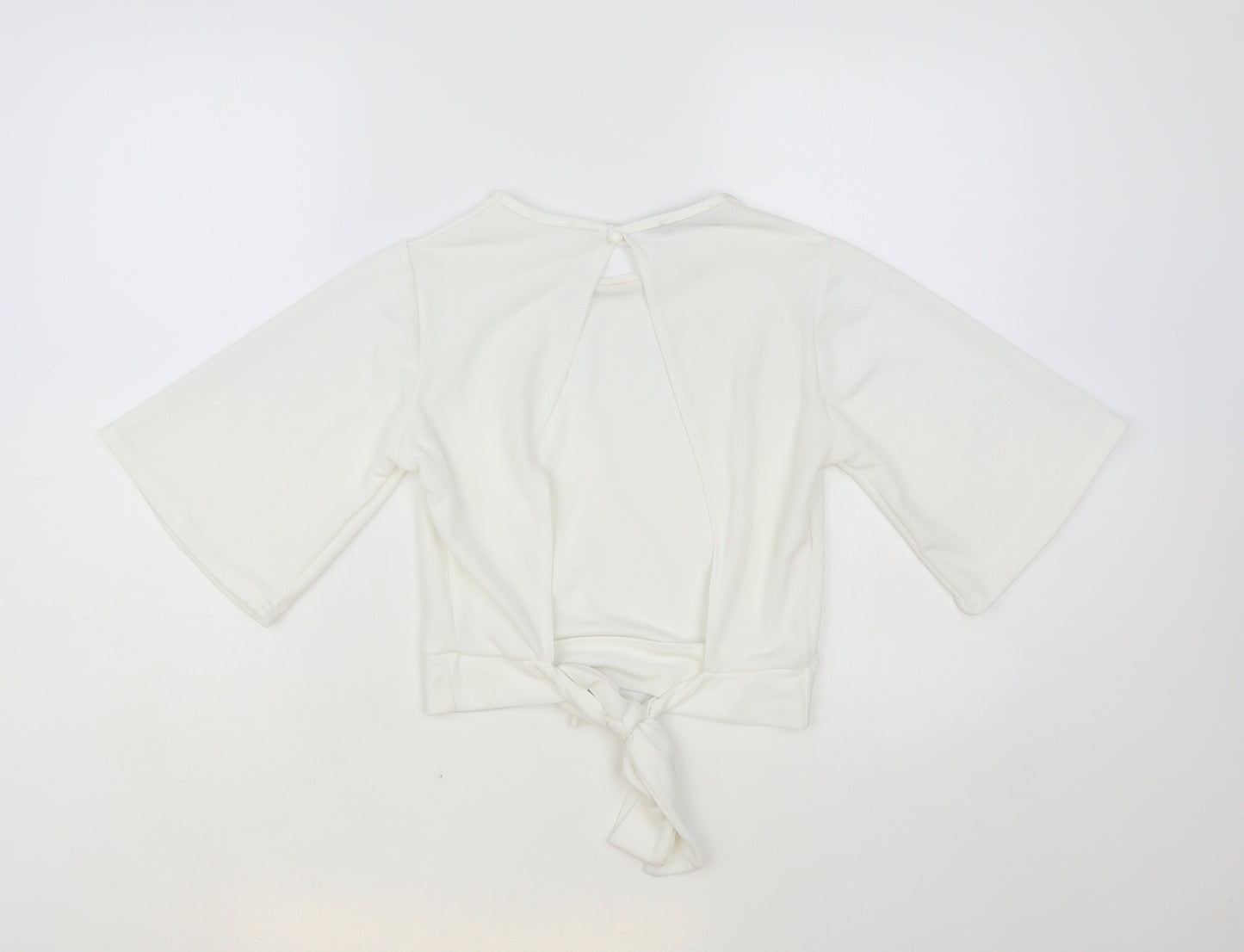 PRETTYLITTLETHING Womens White Polyester Cropped Blouse Size 12 Round Neck - Open Back