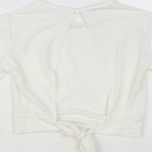 PRETTYLITTLETHING Womens White Polyester Cropped Blouse Size 12 Round Neck - Open Back