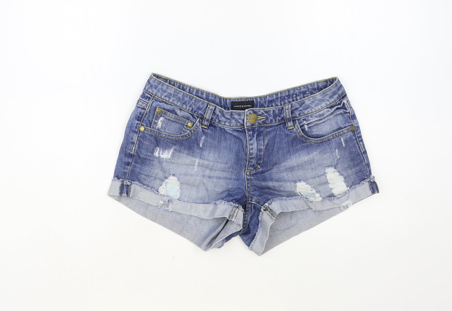 Warehouse Womens Blue Cotton Hot Pants Shorts Size 10 L3 in Regular Button - Distressed