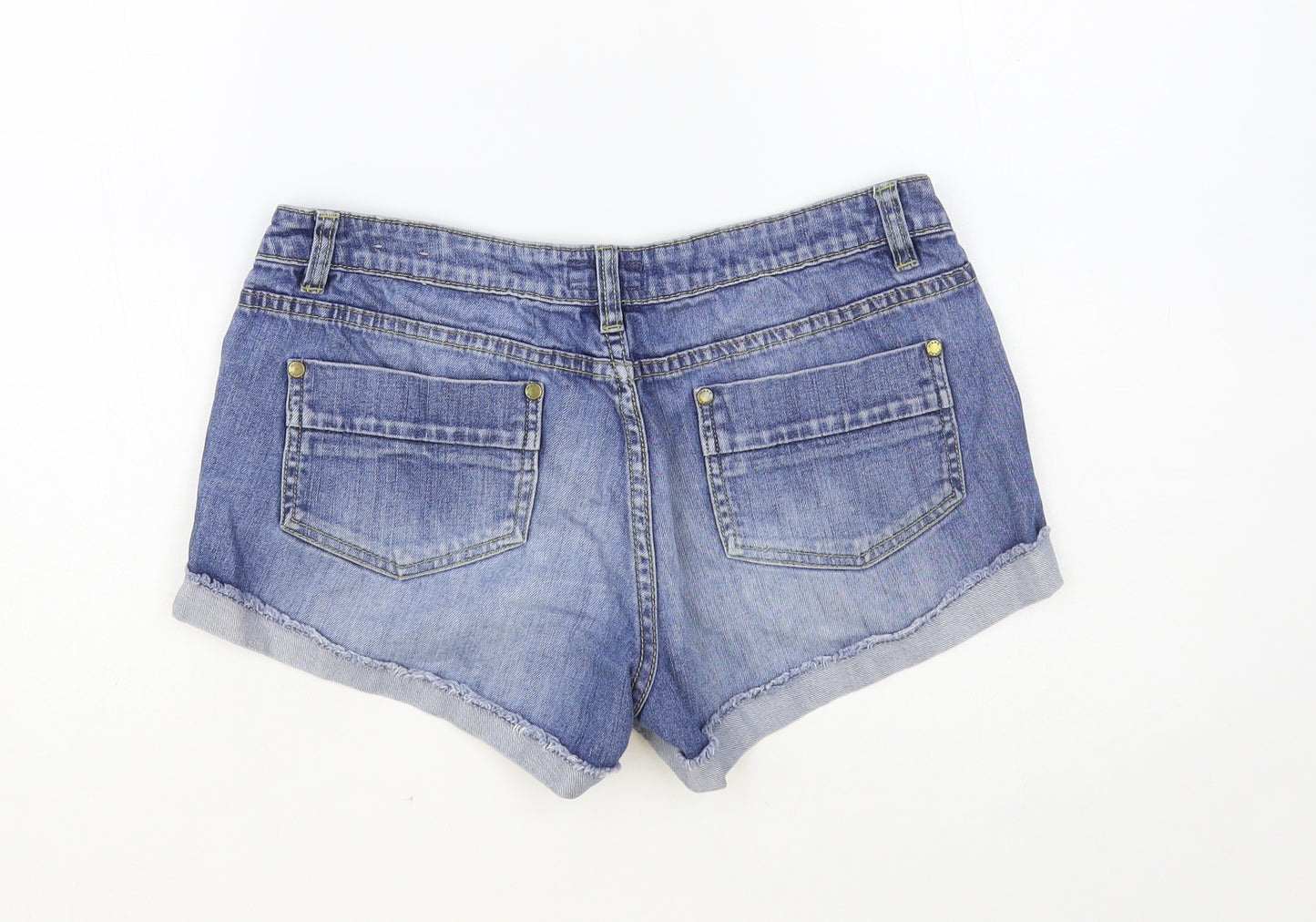 Warehouse Womens Blue Cotton Hot Pants Shorts Size 10 L3 in Regular Button - Distressed