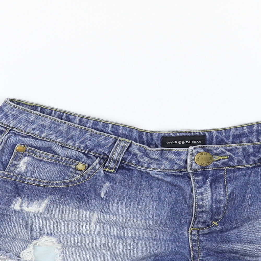 Warehouse Womens Blue Cotton Hot Pants Shorts Size 10 L3 in Regular Button - Distressed