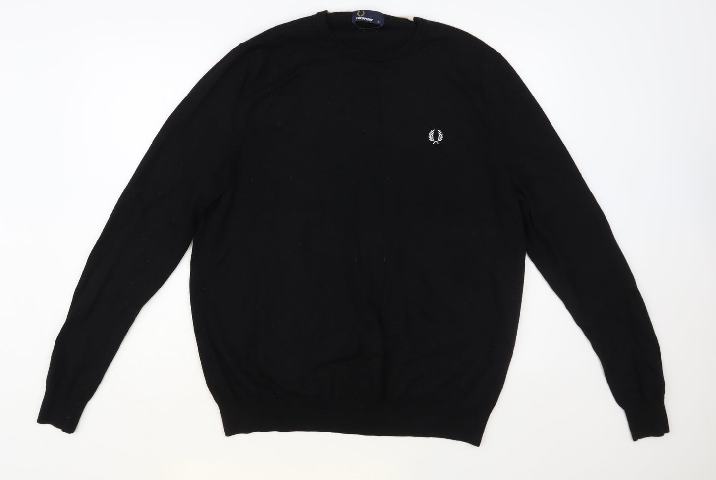 Fred Perry Mens Black Crew Neck Wool Pullover Jumper Size XL