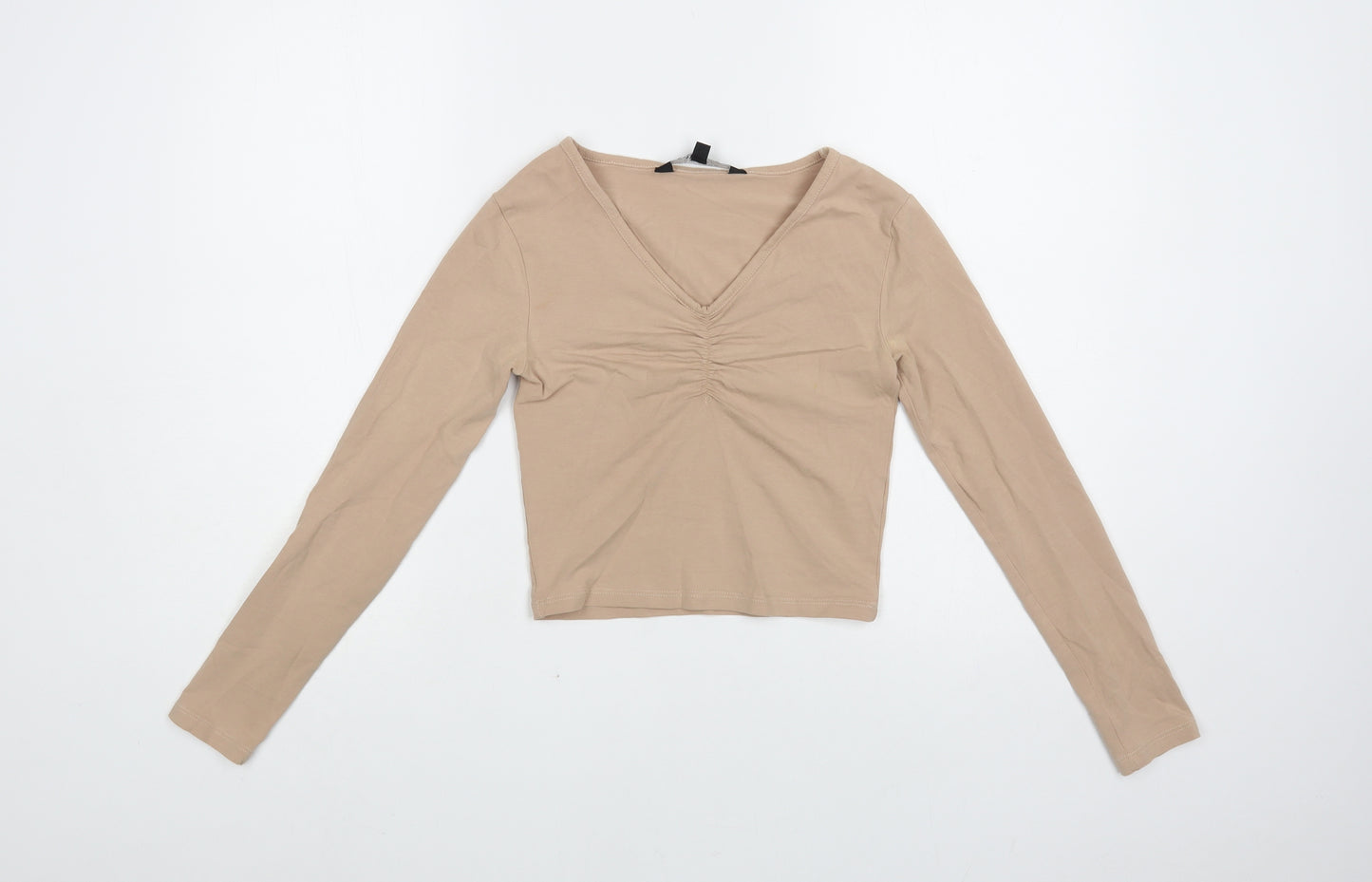 New Look Girls Beige Cotton Pullover T-Shirt Size 12-13 Years V-Neck Pullover - Ruched