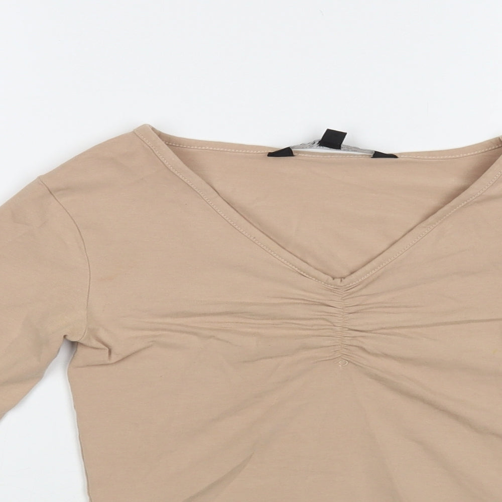 New Look Girls Beige Cotton Pullover T-Shirt Size 12-13 Years V-Neck Pullover - Ruched