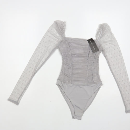 New Look Womens Grey Polka Dot Polyester Bodysuit One-Piece Size 8 Snap