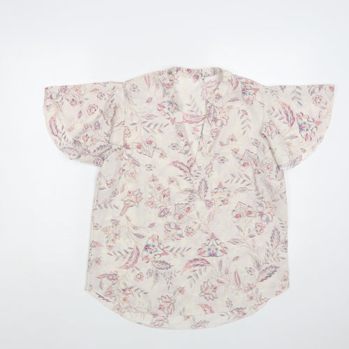Preworn Womens Pink Floral Polyester Basic Blouse Size M V-Neck