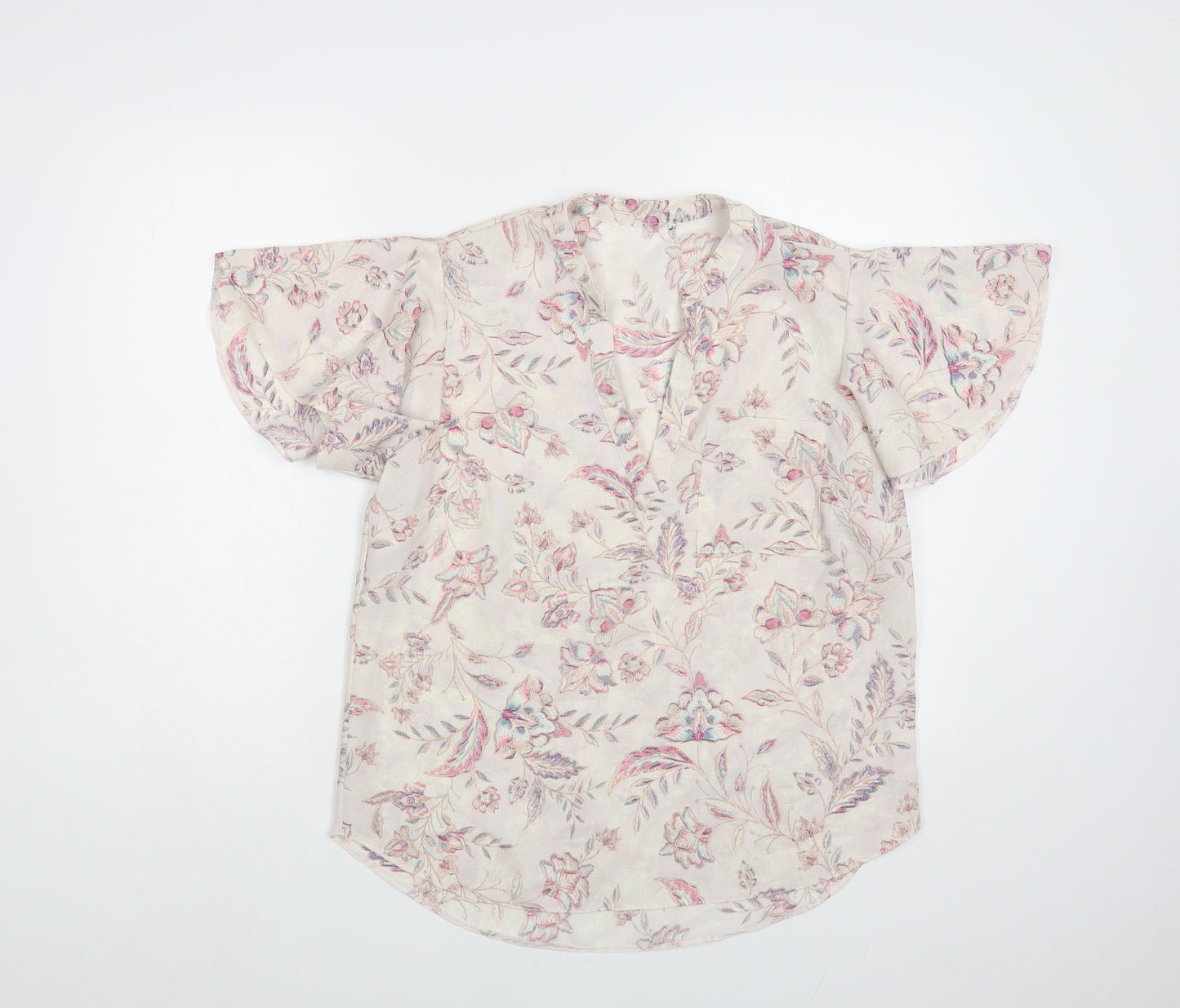 Preworn Womens Pink Floral Polyester Basic Blouse Size M V-Neck