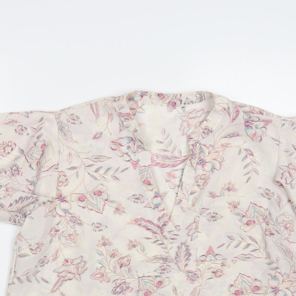 Preworn Womens Pink Floral Polyester Basic Blouse Size M V-Neck