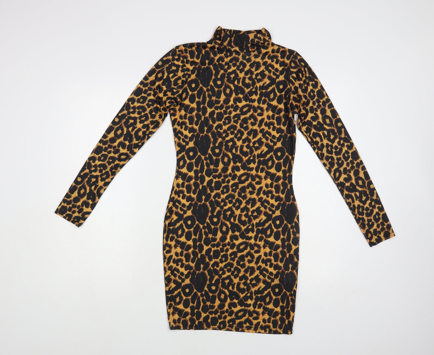 PRETTYLITTLETHING Womens Brown Animal Print Polyester Bodycon Size 10 Roll Neck Pullover