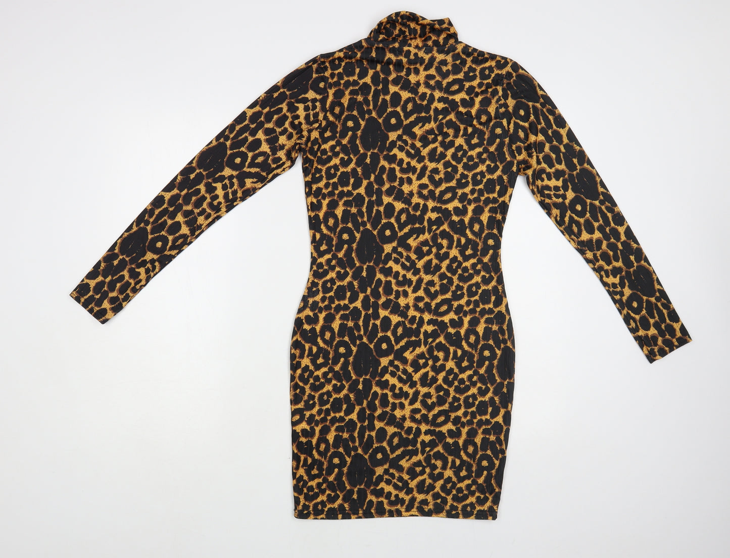 PRETTYLITTLETHING Womens Brown Animal Print Polyester Bodycon Size 10 Roll Neck Pullover