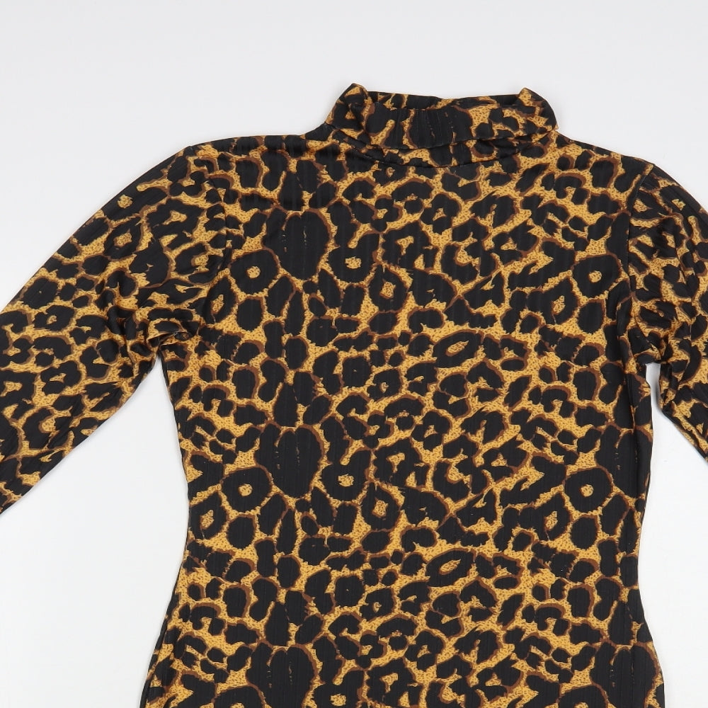 PRETTYLITTLETHING Womens Brown Animal Print Polyester Bodycon Size 10 Roll Neck Pullover