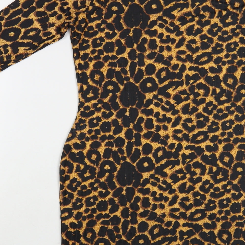 PRETTYLITTLETHING Womens Brown Animal Print Polyester Bodycon Size 10 Roll Neck Pullover
