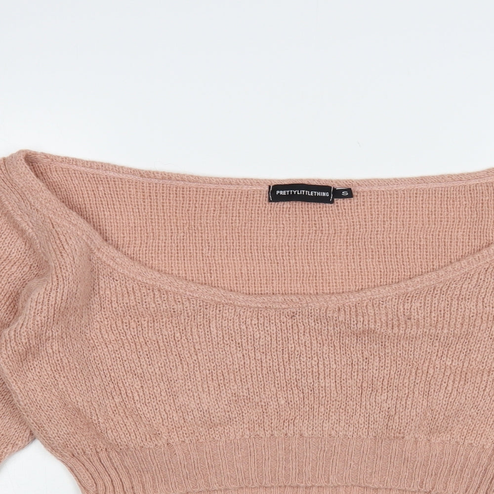 PRETTYLITTLETHING Womens Pink Boat Neck Acrylic Pullover Jumper Size S - Cropped