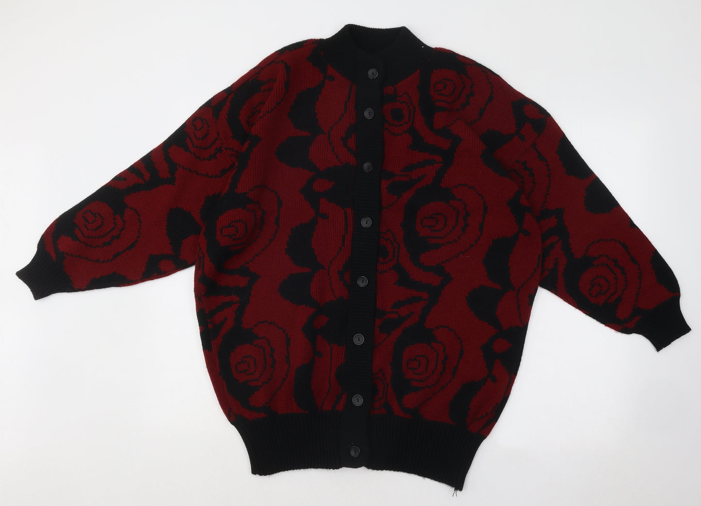 Preworn Womens Red Mock Neck Floral Acrylic Cardigan Jumper Size 2XL